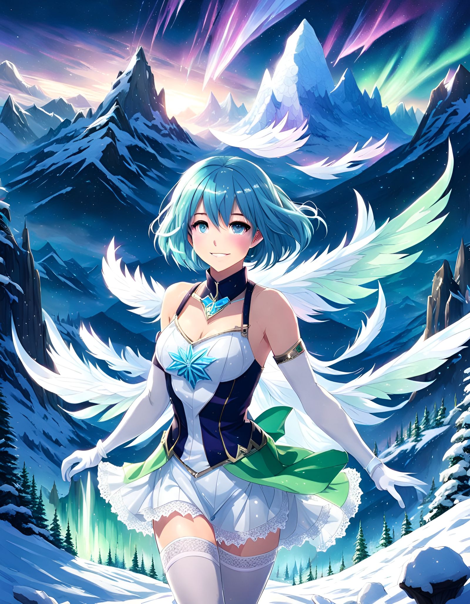 Anime Girl in Snowy Aurora Landscape