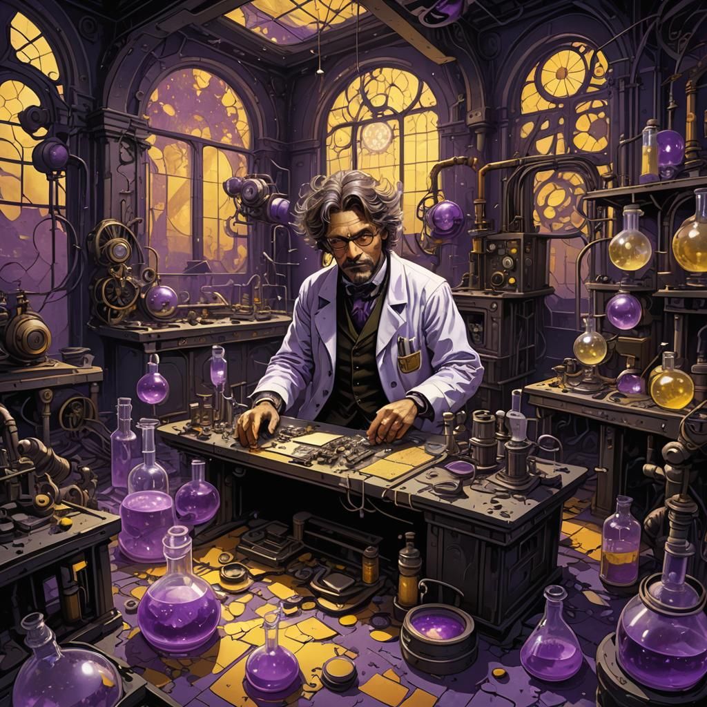 Ruined Lab: Dark Fantasy Art Nouveau Scene