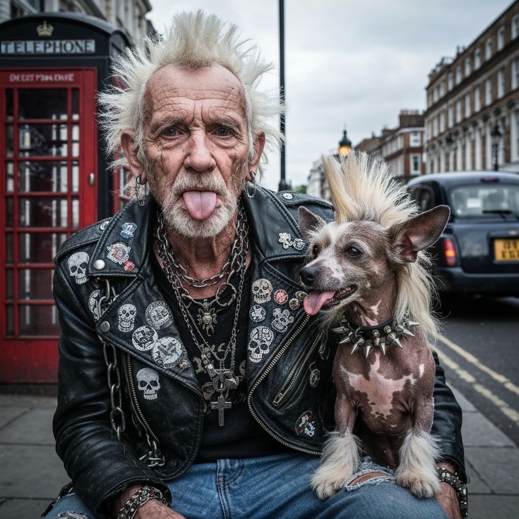 Elderly Punk and Dog with Matching Mohawks on London Street