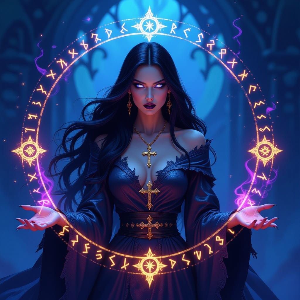 Mystical Witch in Summoning Circle Digital Painting