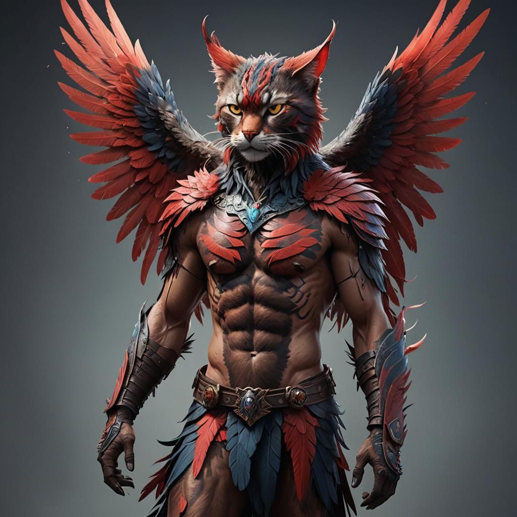 Feathery Cat-Humanoid with Four Wings: Fantasy Concept Art