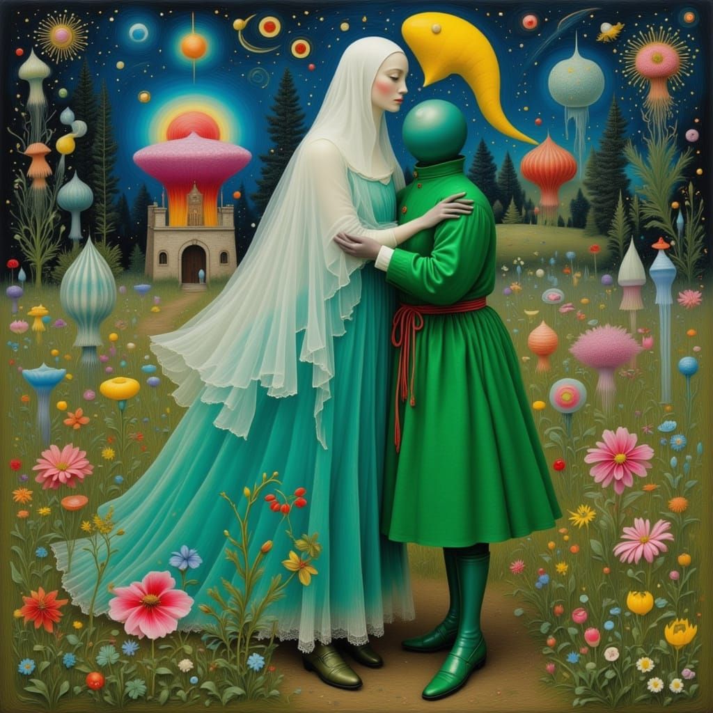 Dreamlike Embrace in Surrealist Meadow