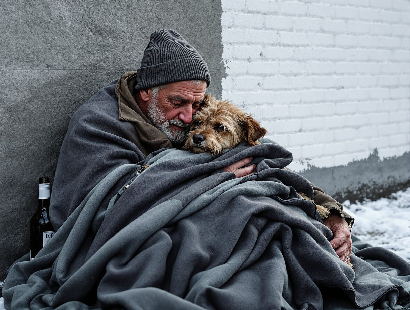 Homeless Man and Dog Share Warmth on Cold Sidewalk