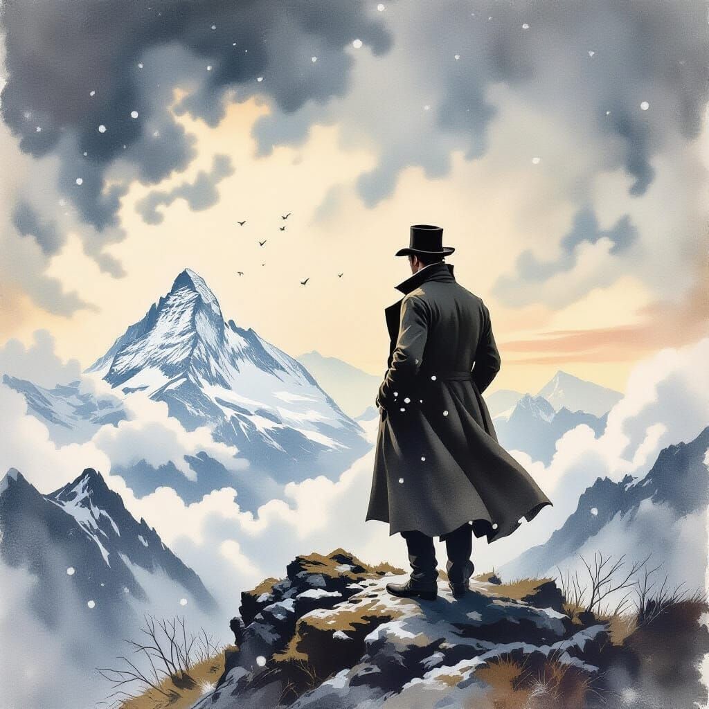 Sherlock Holmes on Mountain, Neoclassicism Watercolor