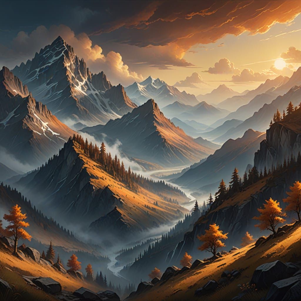Majestic Turner-Inspired Mountain Landscape with Dramatic Cl...
