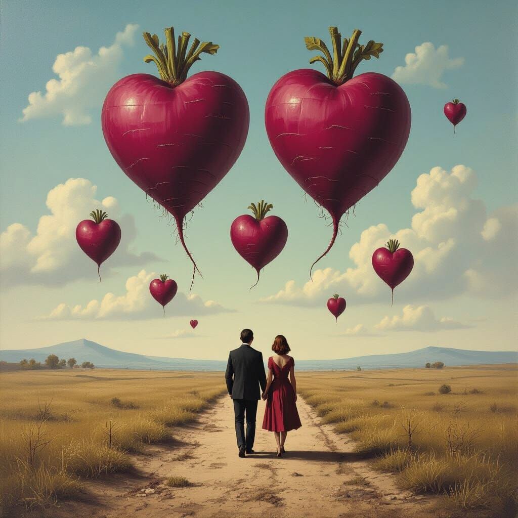 Surrealist Oil Painting: Floating Beetroots in Magritte Styl...