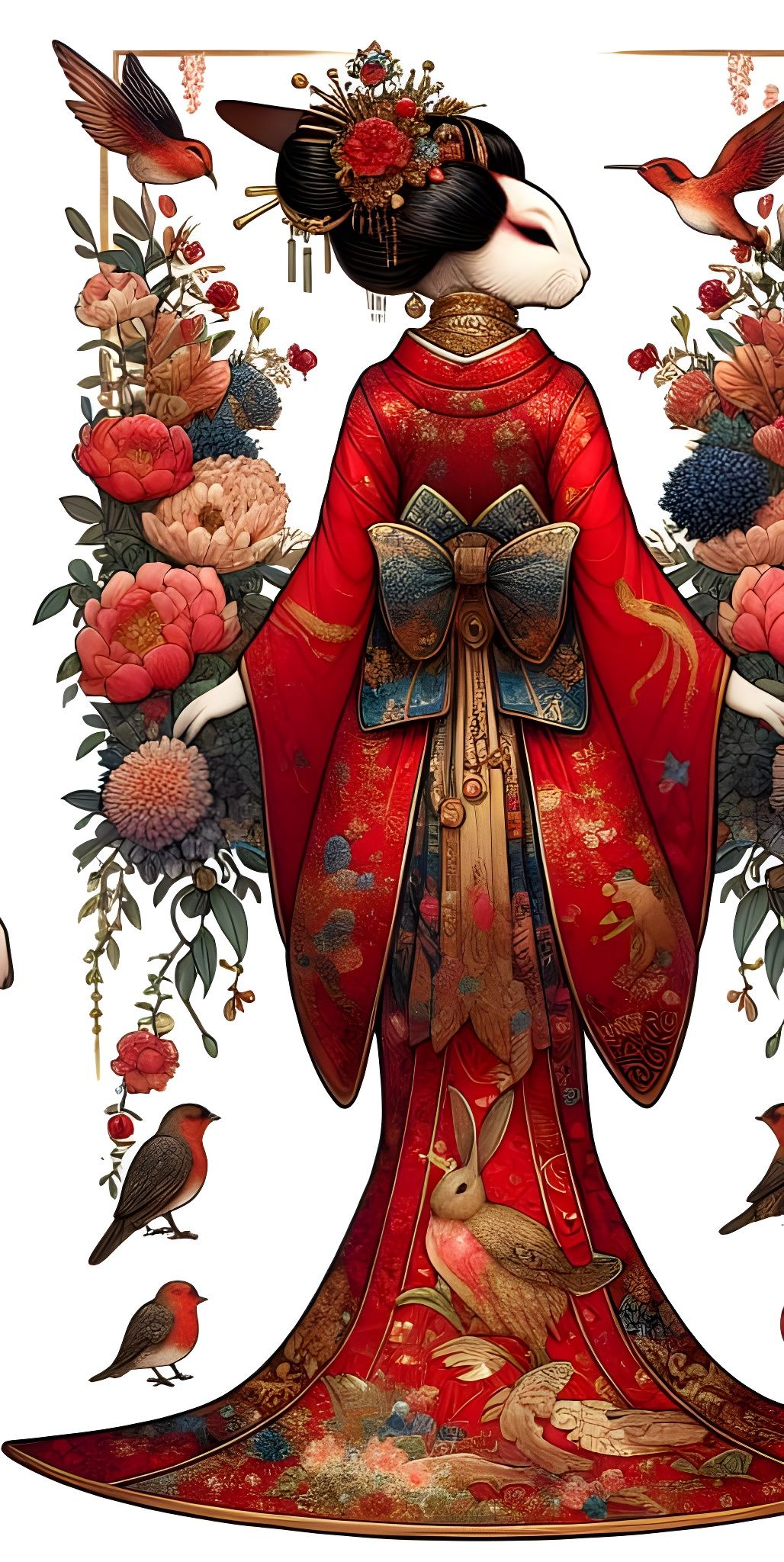 Geisha Rabbit in Ornate Kimono, Fairy Tale Illustration Styl...
