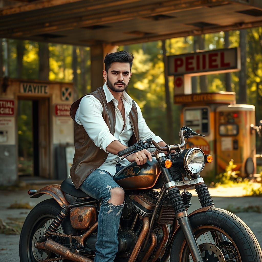 Rugged Post-Apocalyptic Biker in Vibrant Forest