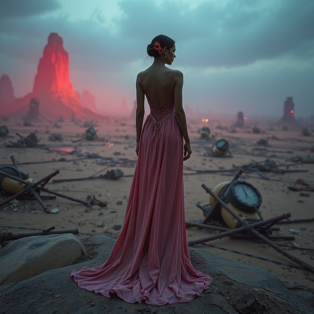 Elegant Woman in Post-Apocalyptic Cyberpunk Landscape