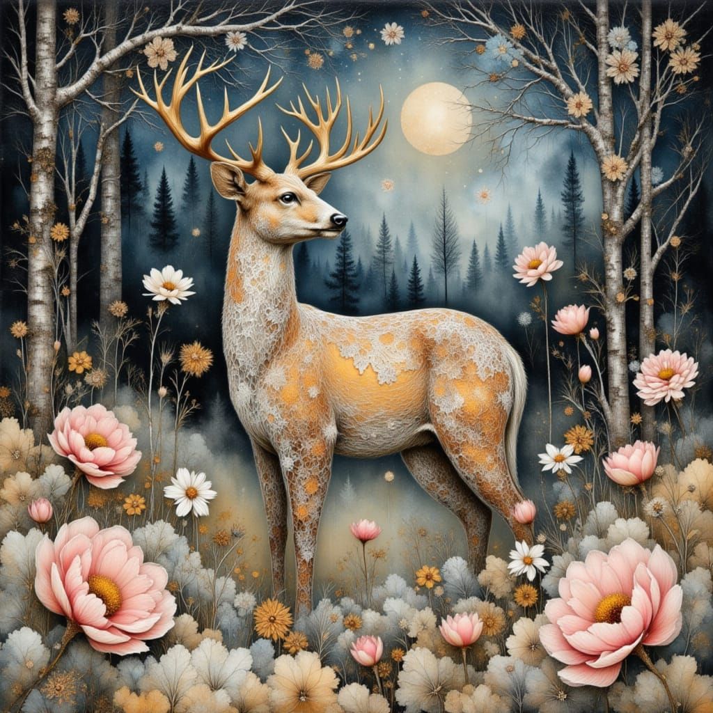 Deer in Misty Nature with Lace Textures