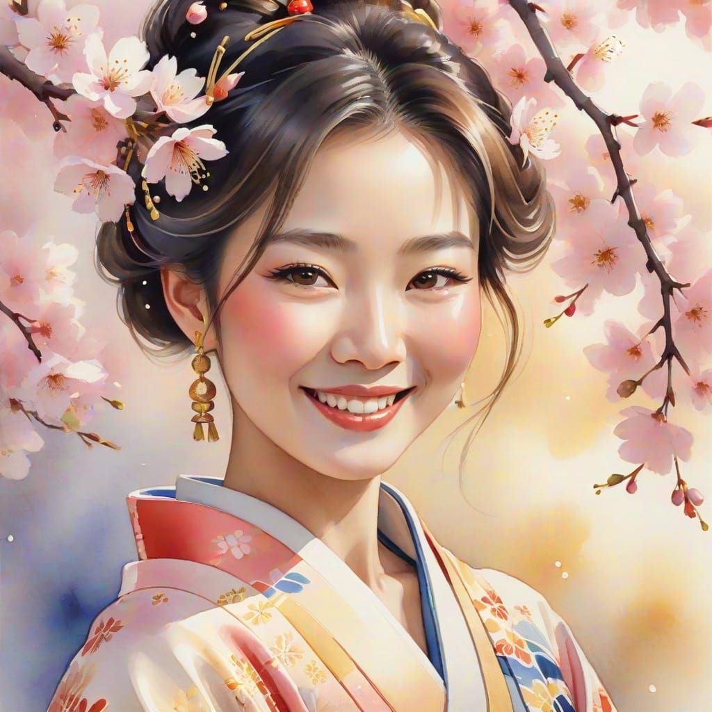 Ethereal Watercolor Portrait of a Serene Japanese Woman