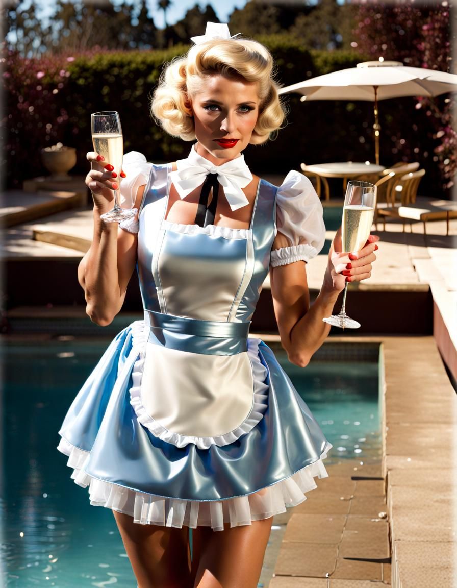 Sparkly French Maid Serving Champagne by Pool