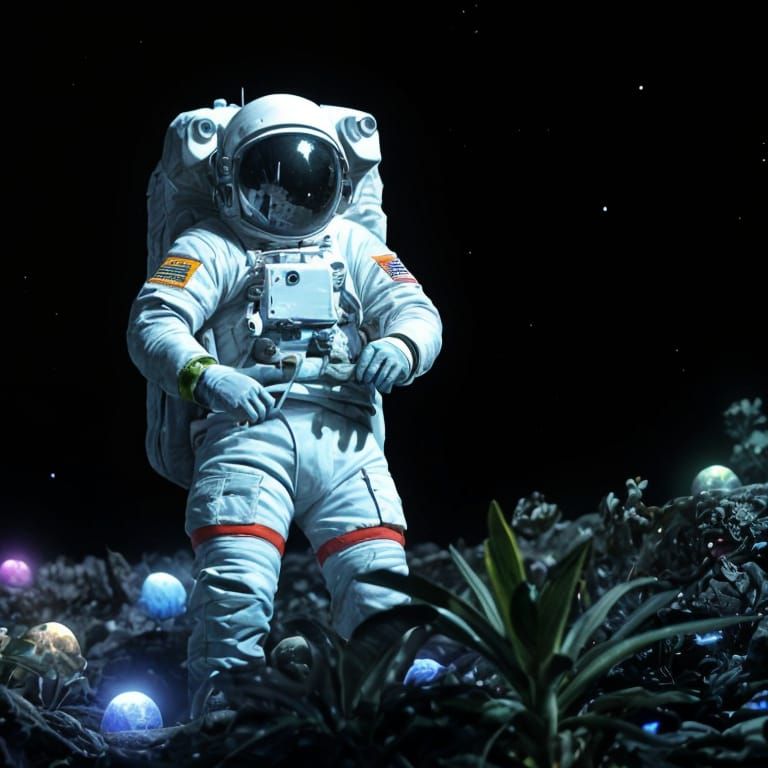 Astronaut Tends Alien Garden on Moon, Earth Glows