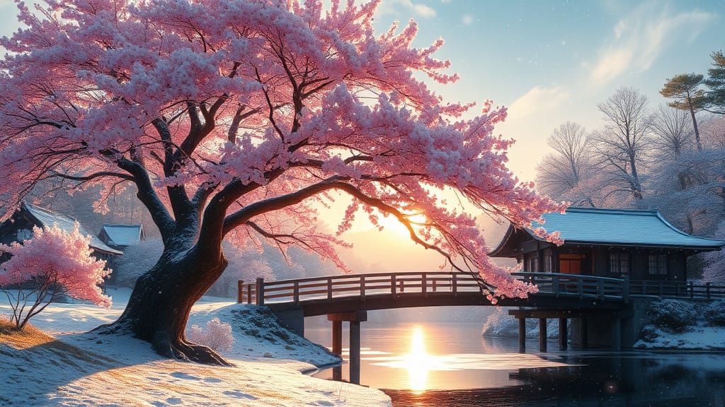Blossoming Sakura Tree in Japanese Winter Wonderland