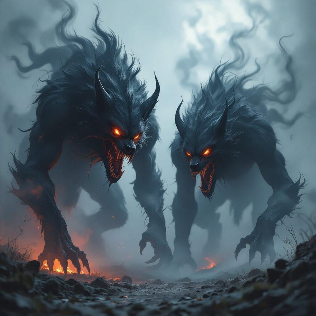 Colossal Smoky Hellhounds in Gothic Fantasy Style