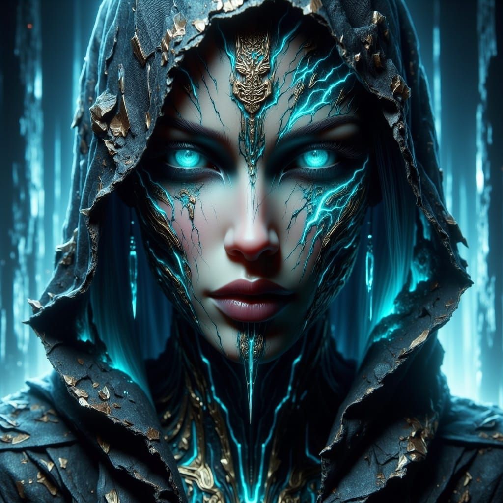 Ancient Emerald-Eyed Figure in Abstract Cryogenic Chamber