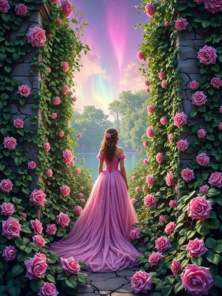 Beautiful Princess in Rose Garden at Dawn