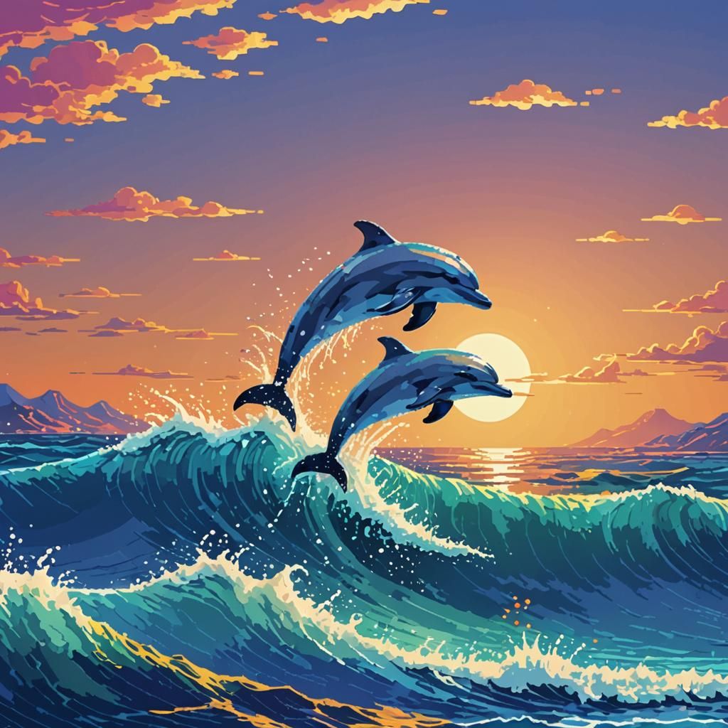 Pixel Art Dolphin Jumping in Vibrant Ocean