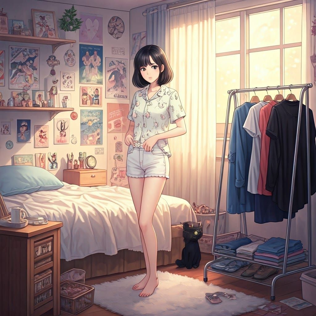 Kawaii Otaku Girl Admires Herself in Mirror