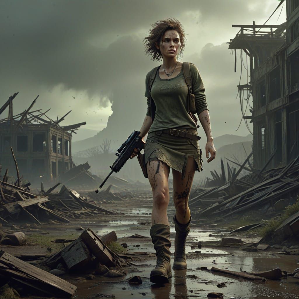 Survivor Woman with Machine Gun in Post-Apocalyptic World