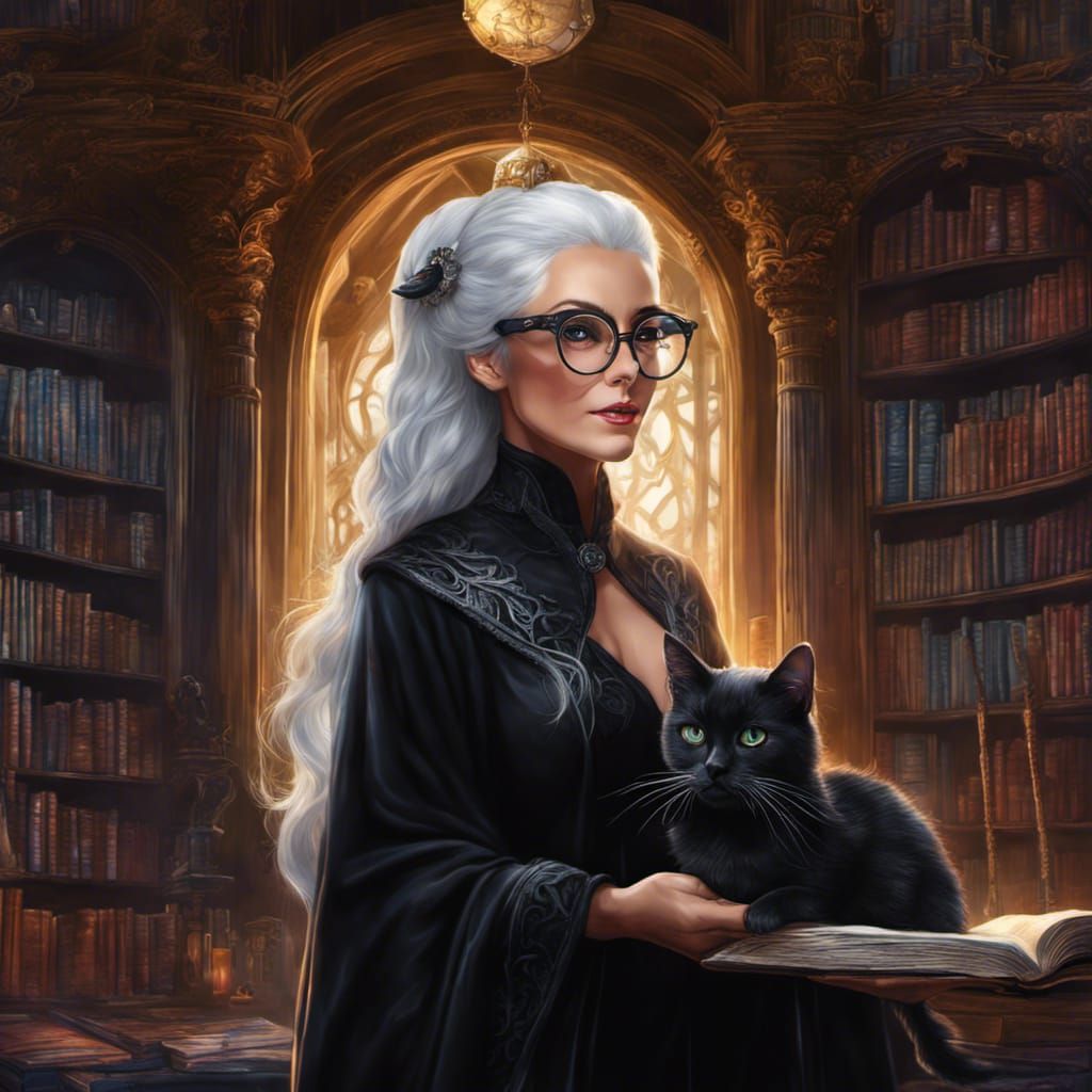 Enchanted Library: Silver-Haired Witch and Black Cat