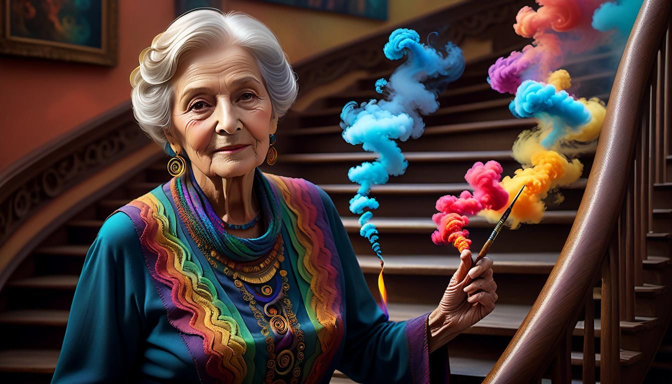 Eccentric Artist on Spiraled Staircase, Detailed Matte Paint...