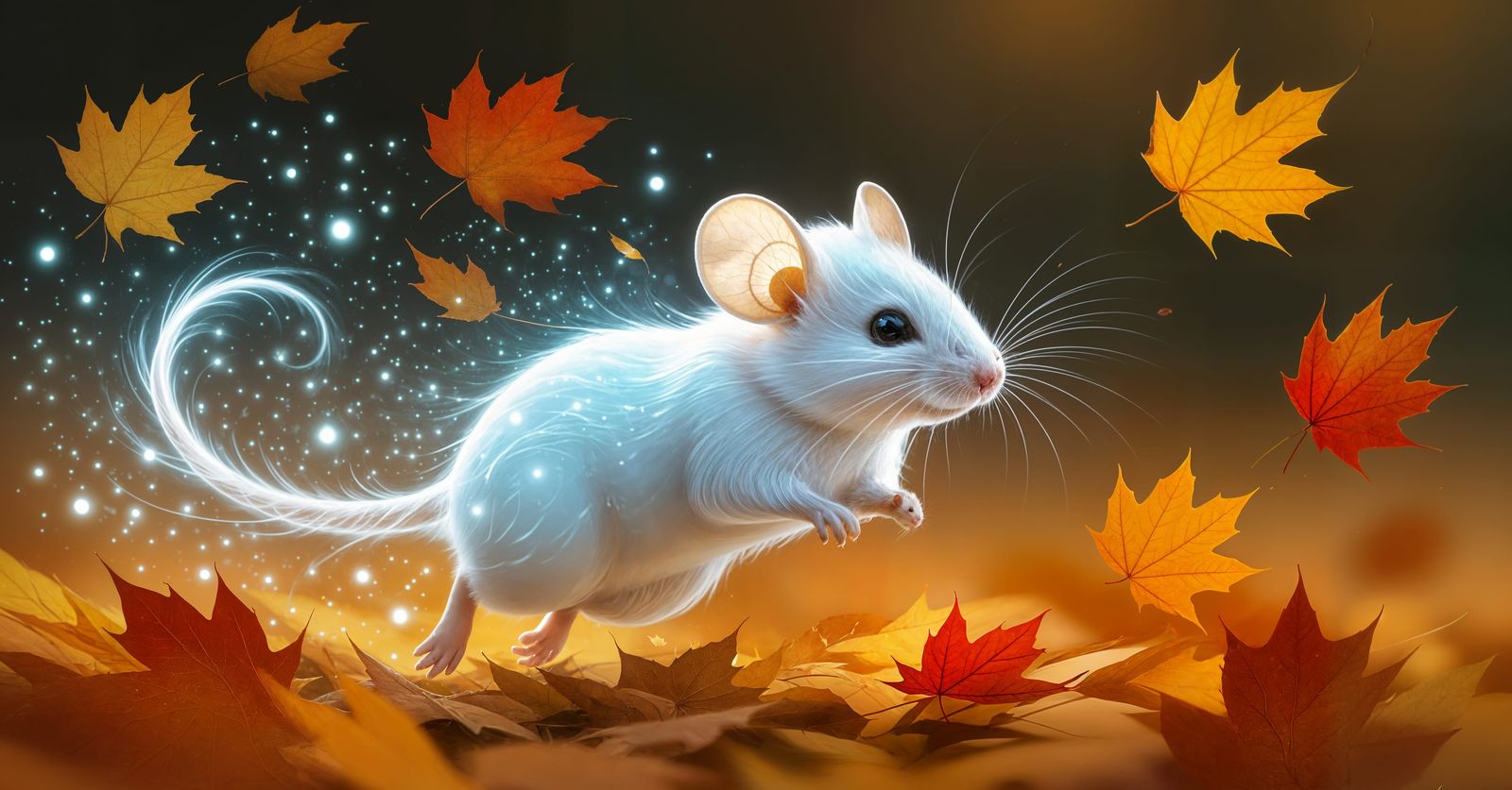 Bioluminescent Mouse in Autumn Leaf Whirlwind