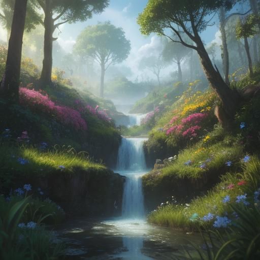 Stitch in a Lush Fantasy Meadow, Digital Art