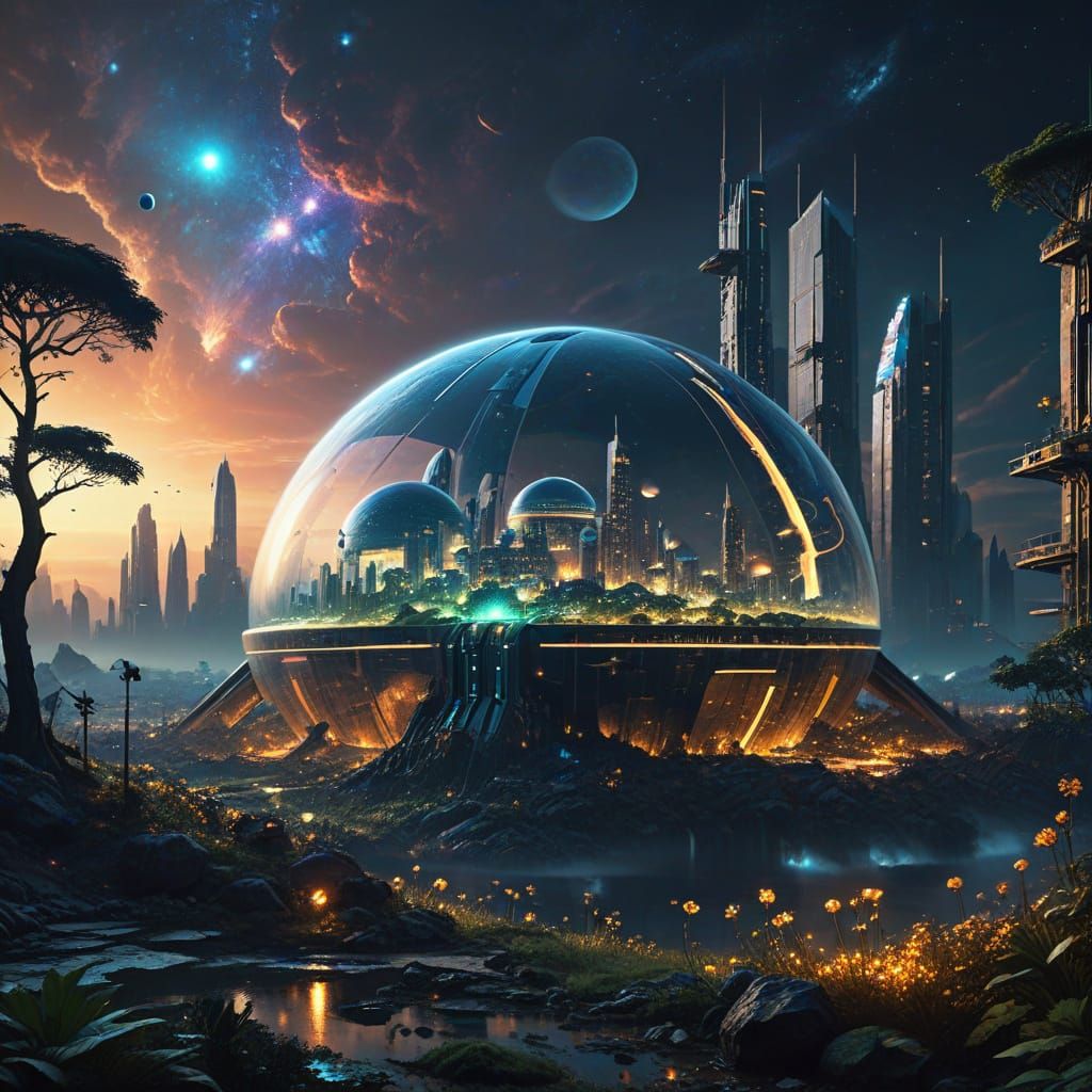 Utopian City Orbiting Radioactive Earth: Digital Painting