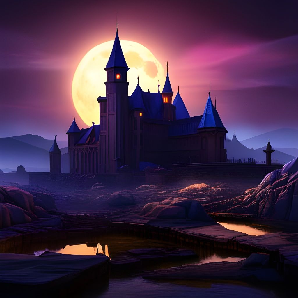 Neon Lit Haunted Castle Under Starry Night