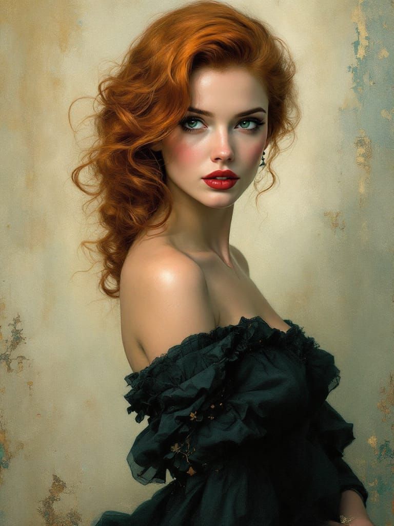 Redhead Pin-Up Woman in Tonalist Oil Painting Style
