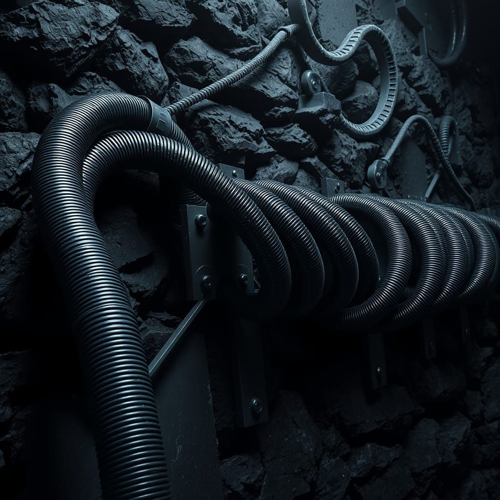 Industrial Biomechanical Hoses Adorned on a Dark Stone Wall