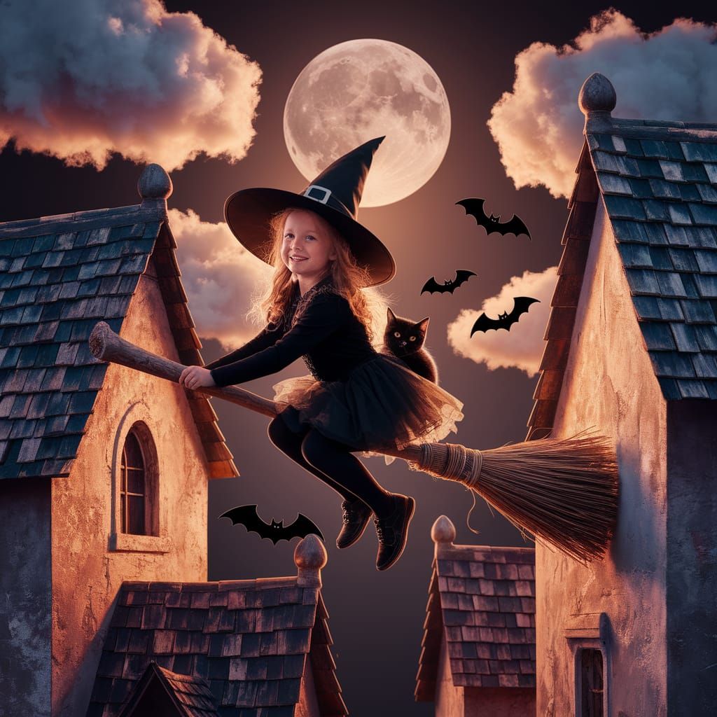 Witch Girl Flies Over Medieval Village Under Full Moon