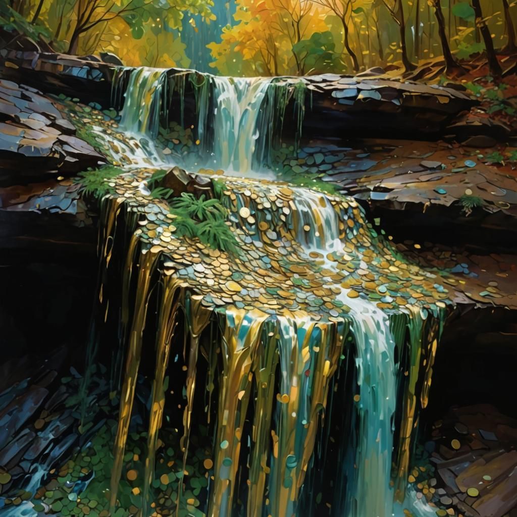 Surreal Money Waterfalls in Abstract Fauvist Style