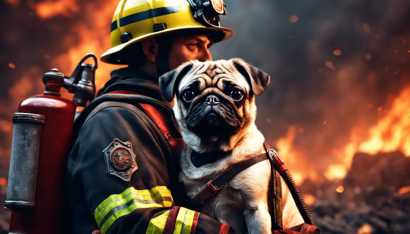 Firefighter and Pug: Detailed Fantasy Concept Art