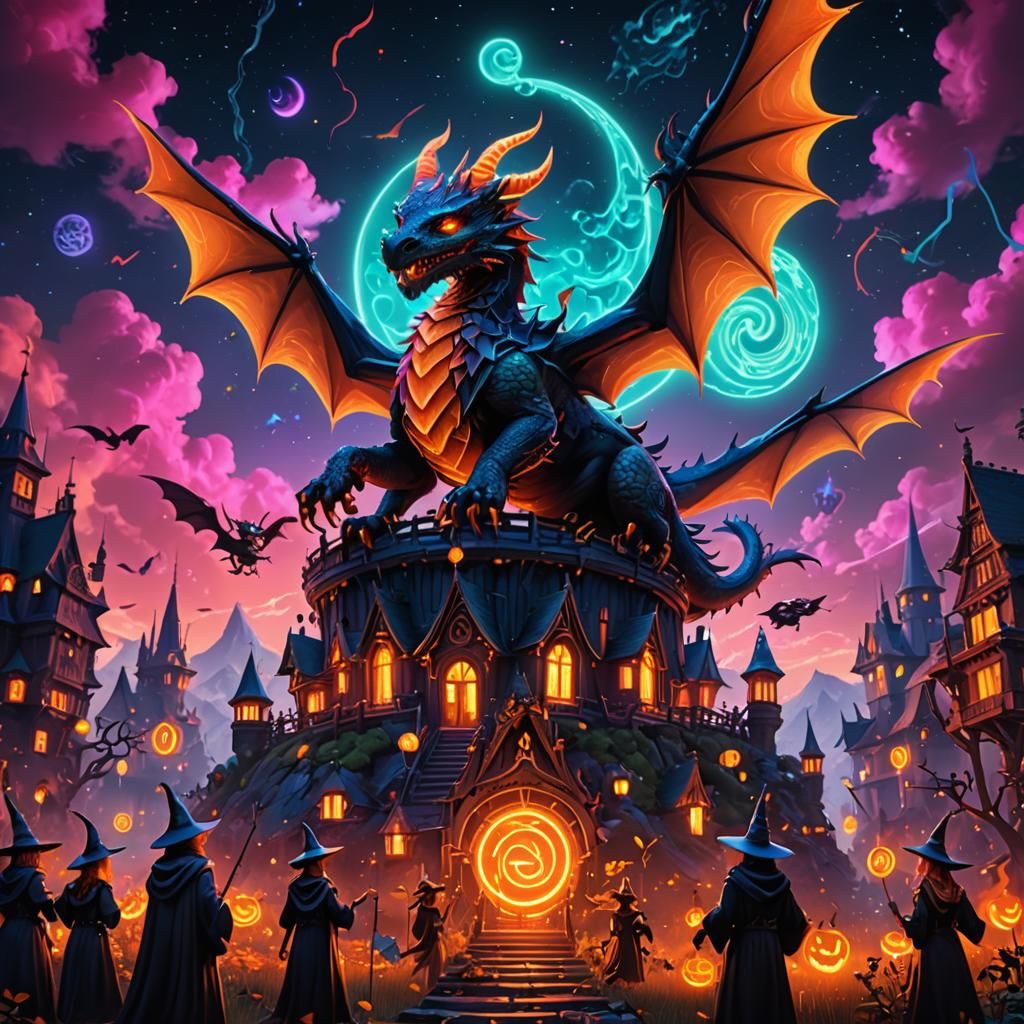 Neon Sky Party with Dragons, Witches, and Fairies