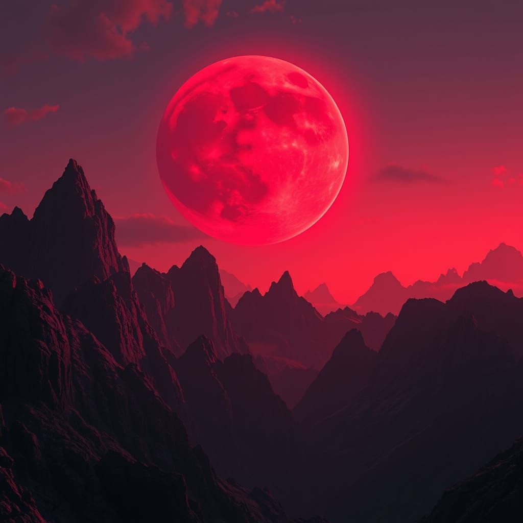 Colossal Blood Moon Over Jagged Mountains