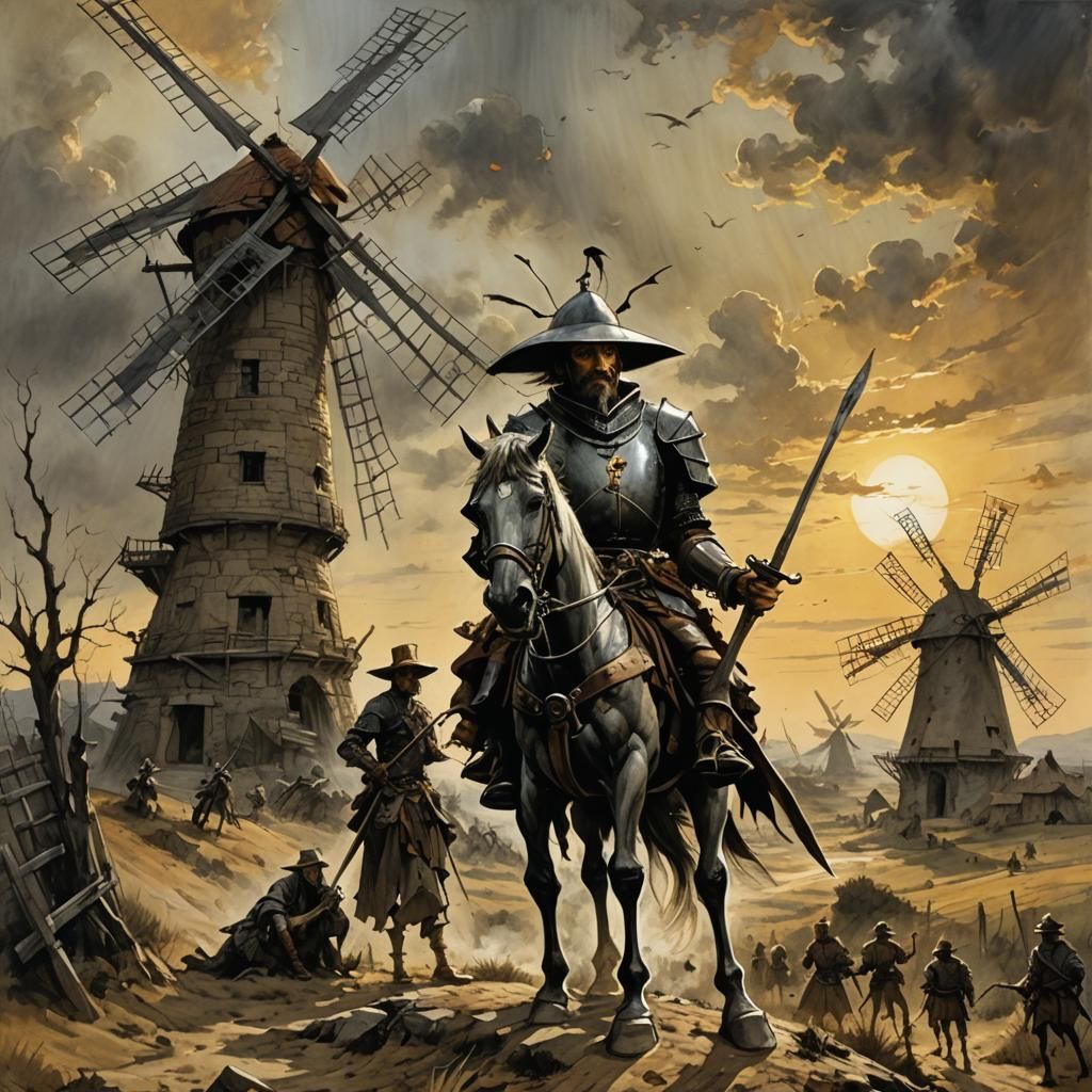 Don Quixote and the Windmill: Fantasy Illustration