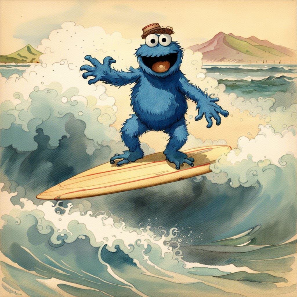 Cookie Monster Surfing in Maui: Vintage Watercolor