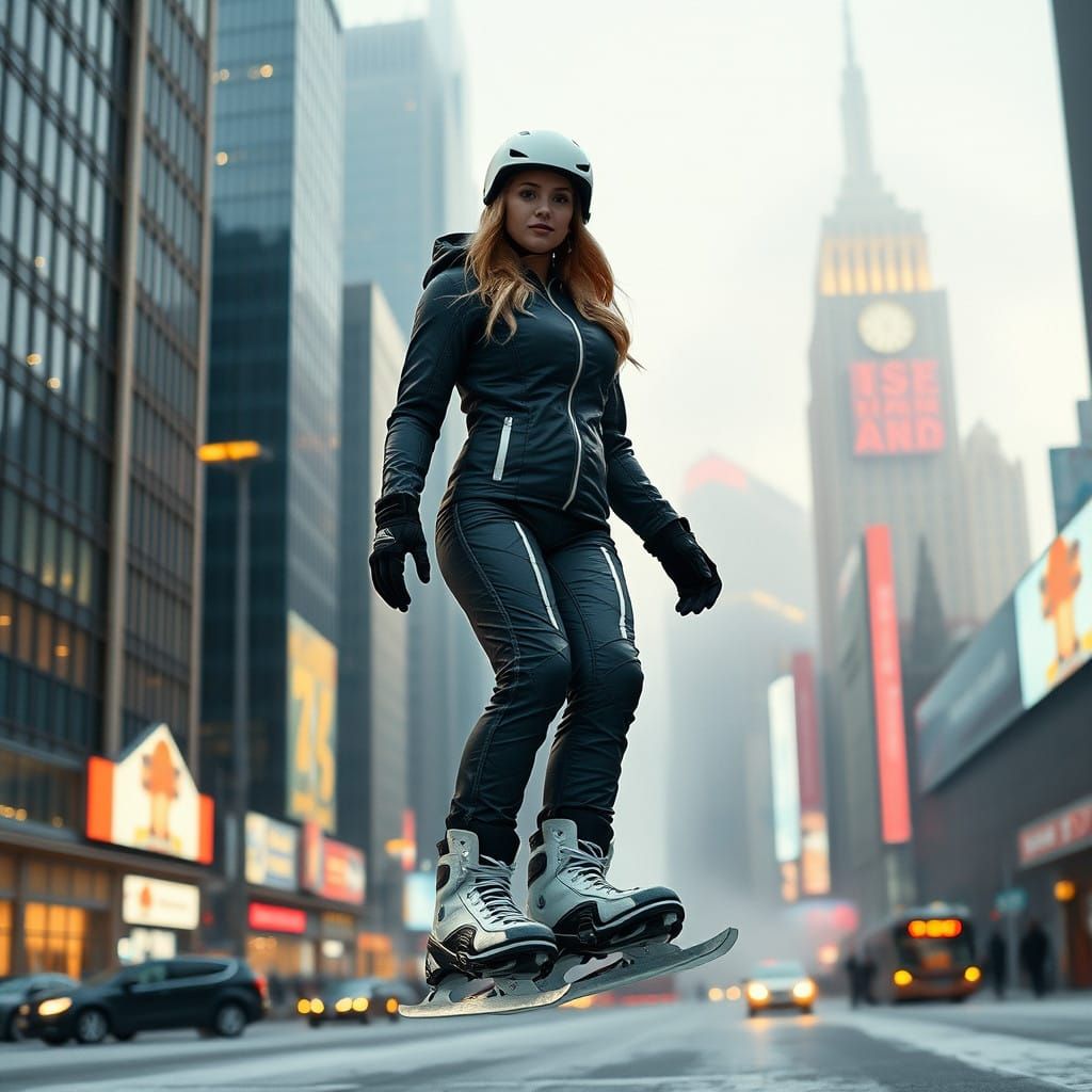 Sleek Blonde Skier Defies Gravity in Futuristic Cityscape, S...