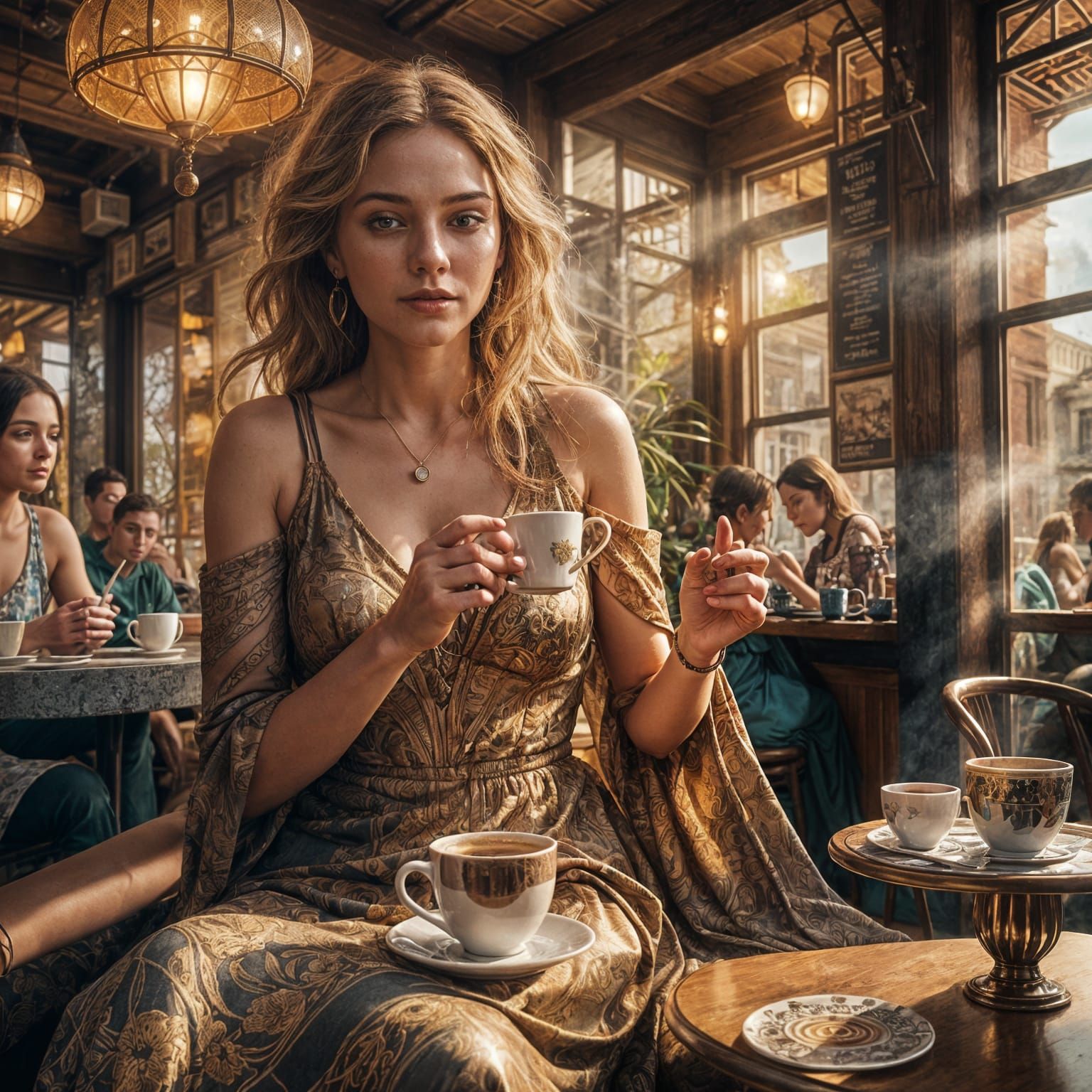 Woman in Cafe: Detailed Fantasy Concept Art