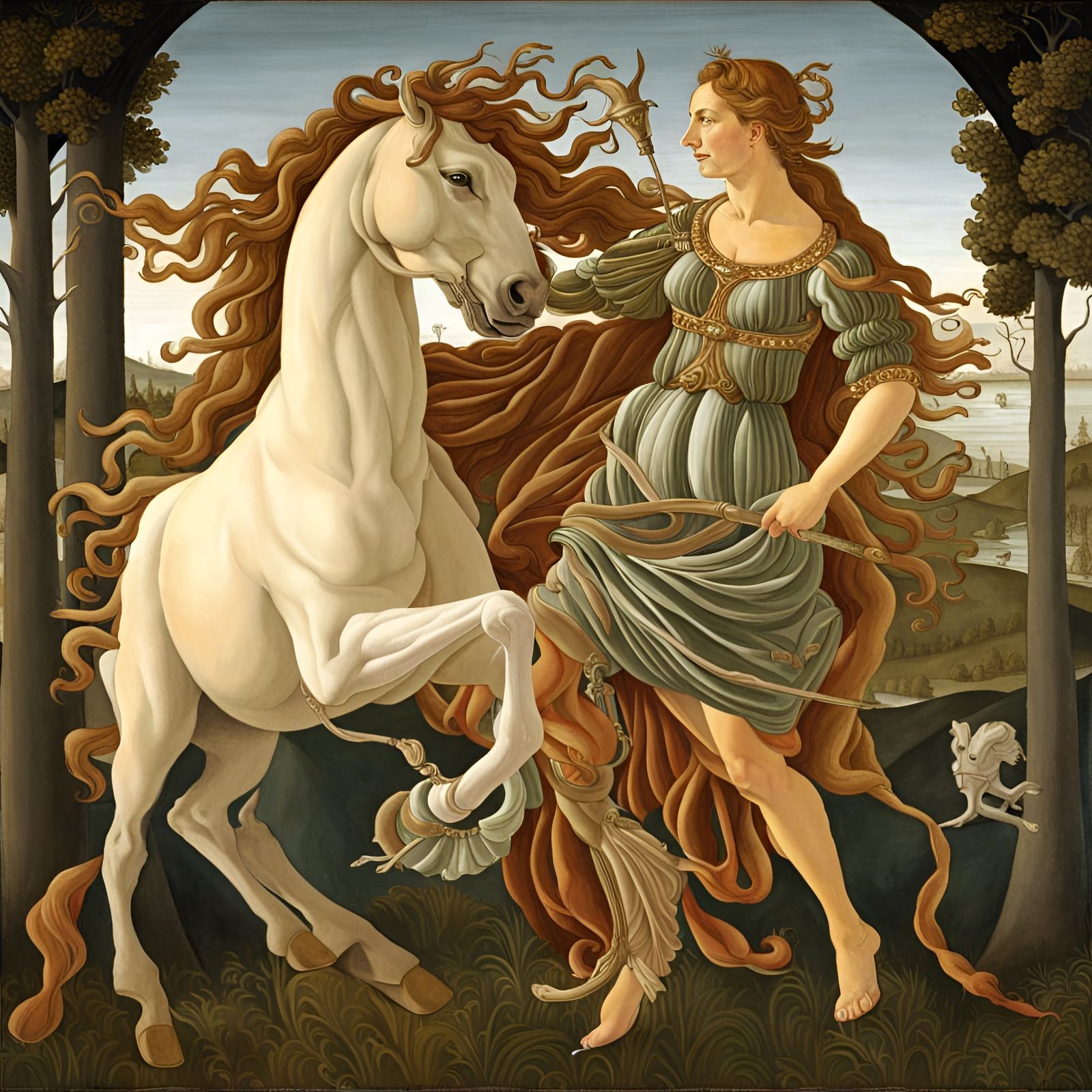 Mythological Painting of Minerva and Horse inspired by Sandro Botticelli