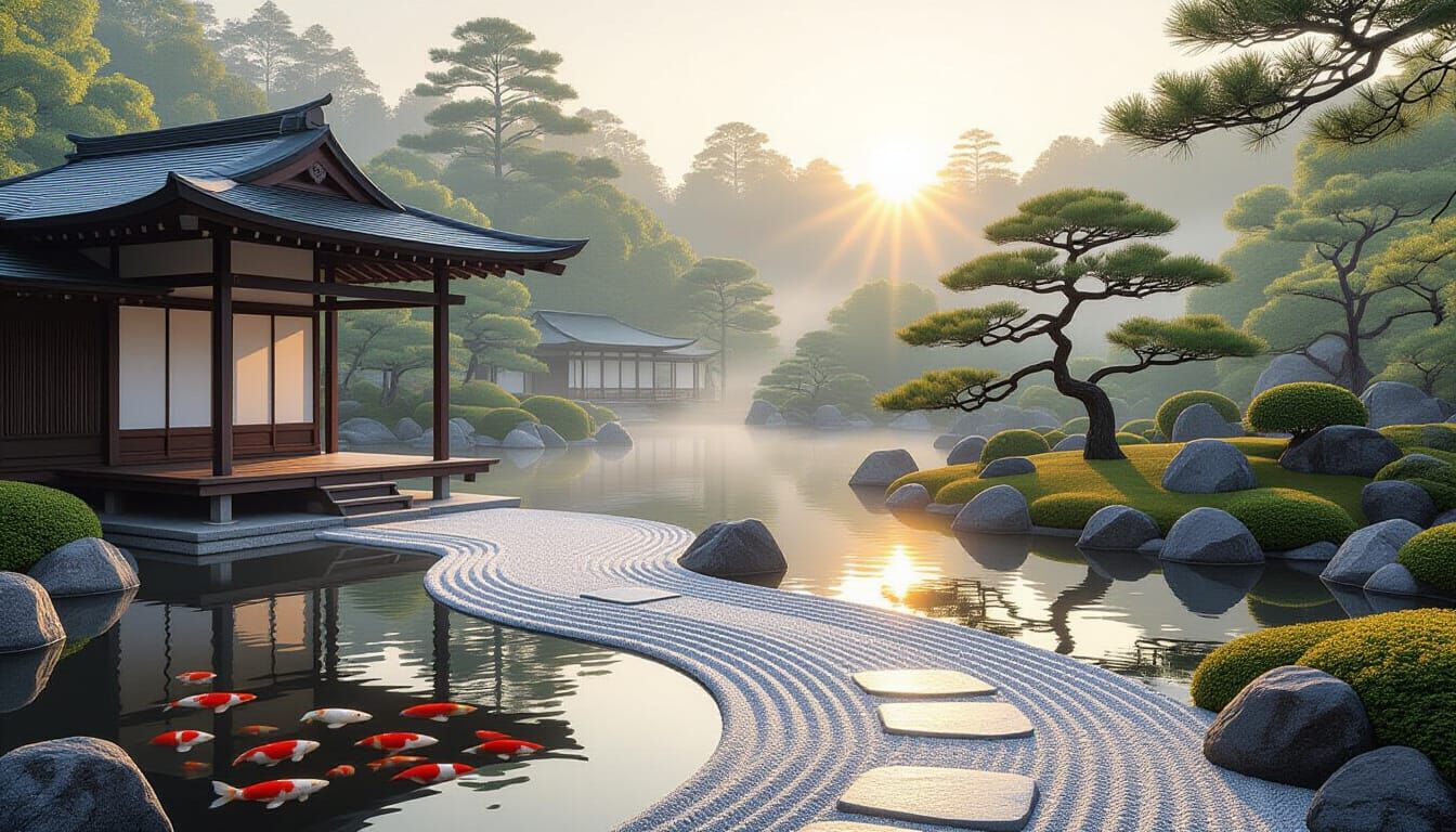 Tranquil Japanese Garden Sunrise Over Pond and Pavilion