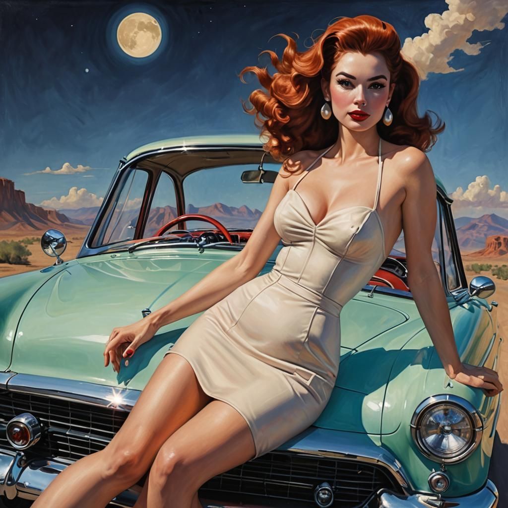 Sensual Nude on Vintage Car, Photorealistic Art