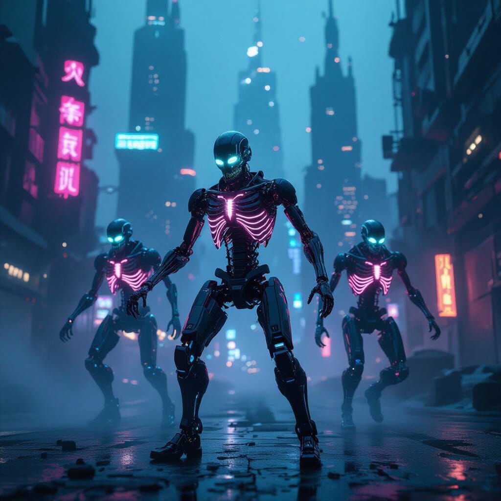 Luminous Skeletal Cyborgs Dance in Dystopian Metropolis