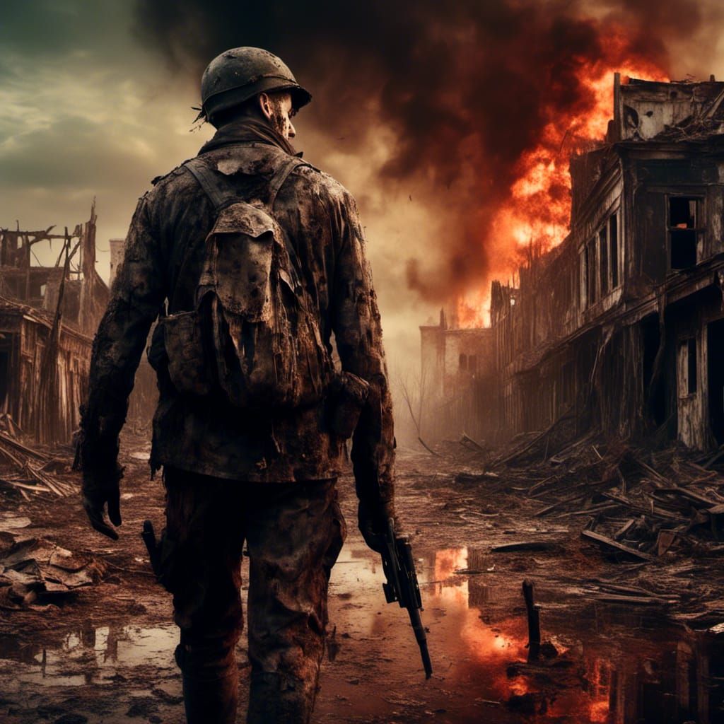 Soldier in Post-Apocalyptic Town with Burning Sky