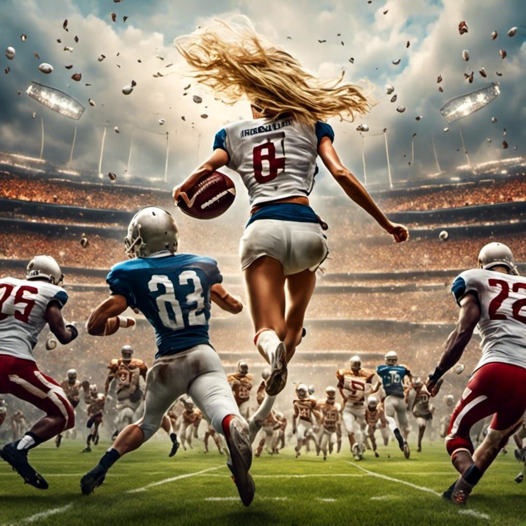 Blonde Woman Kicks Football in Crowded Stadium