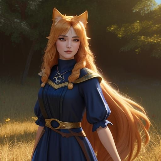 Golden Cat-Eared Woman in Fantasy Village