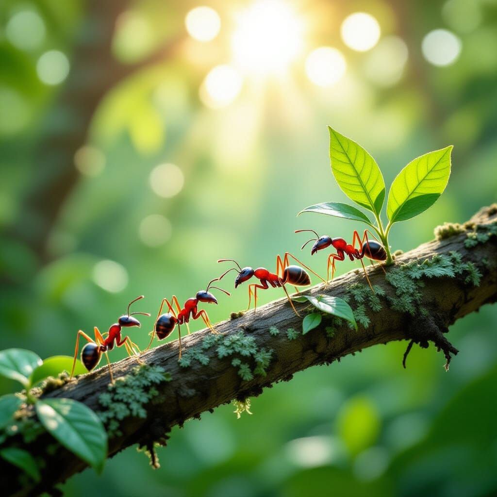 Leaf-Cutter Ants in Sunny Forest, Watercolor Illustration