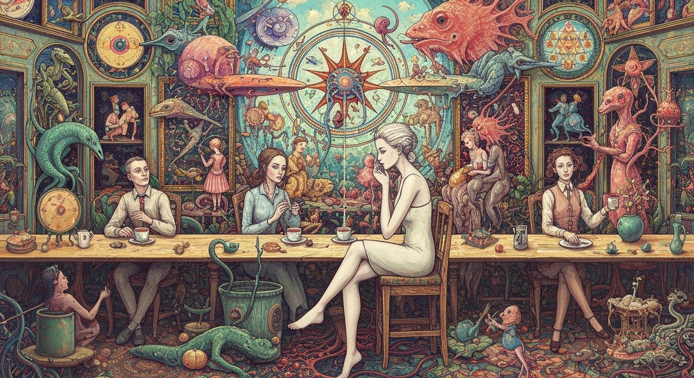 Surreal Cafe Scene Across Time Periods in Maximalist Style
